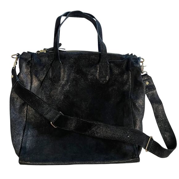 Erin Condren Black Metallic Leather Suede Bag Womens Slouchy Soft Purse Tote - Picture 1 of 16